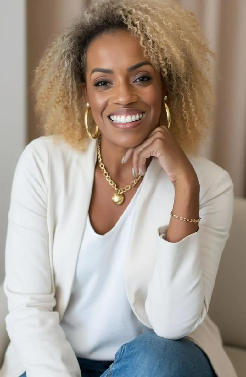 Laís Moreira sorrindo, sentada, com a mão apoiada no queixo